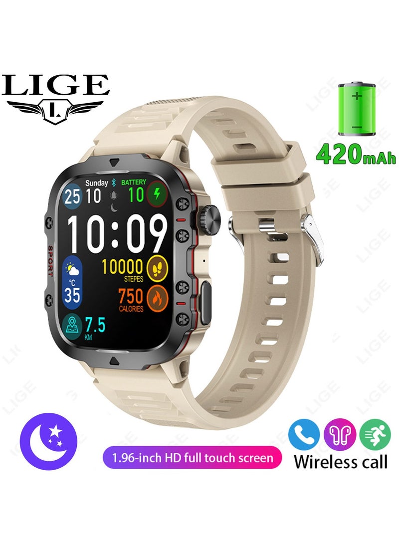 LIGE LIGE 1.96 HD Screen 420 mAh Sports Smart Watch Men Waterproof Bluetooth Calling Health Monitoring 100+ Sports Mode Men Smart Watches Silicone White  - Image 1