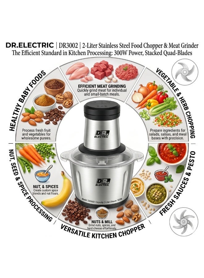 DR.ELECTRIC Electric Meat and Vegetable Chopper, Stainless Steel, 2 Liters, 300 Watts, DR3002 - Image 3