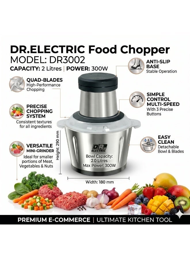 DR.ELECTRIC Electric Meat and Vegetable Chopper, Stainless Steel, 2 Liters, 300 Watts, DR3002 - Image 5