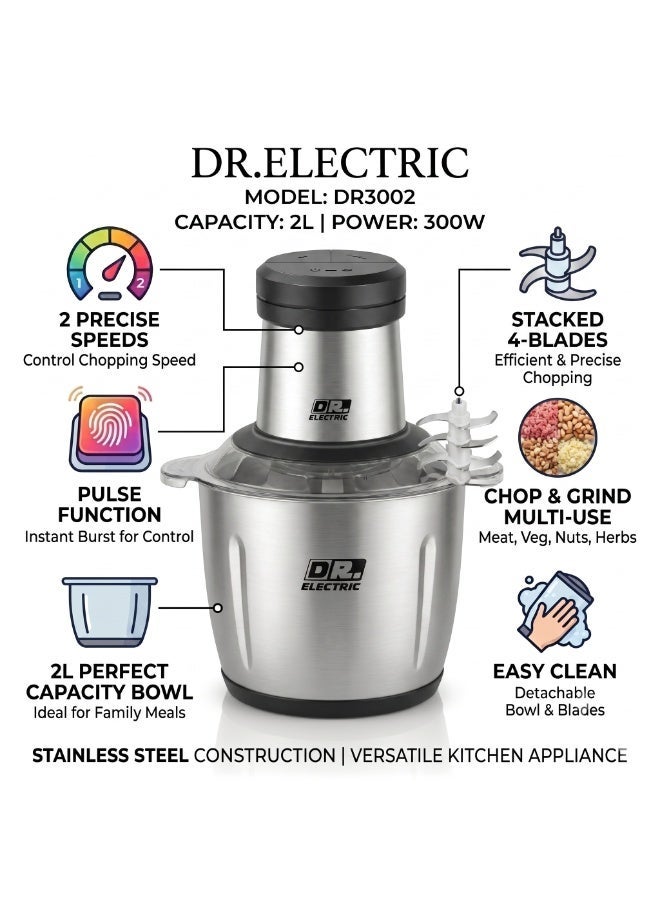 DR.ELECTRIC Electric Meat and Vegetable Chopper, Stainless Steel, 2 Liters, 300 Watts, DR3002 - Image 4