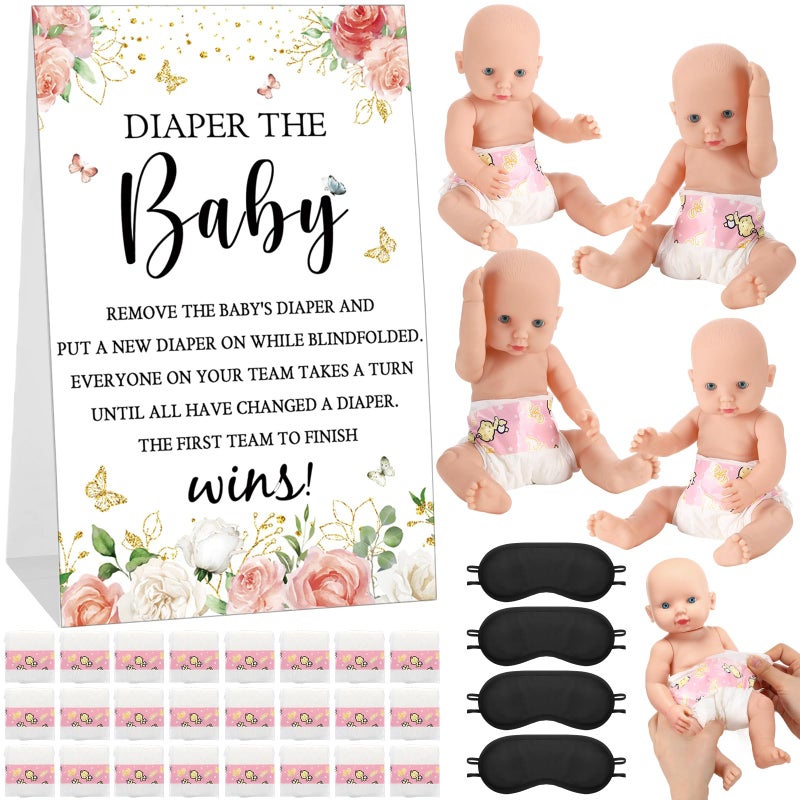 RoundFunny 33 Pcs Baby Shower Diaper Changing Game Supplies Including Dolls Blindfold Diapers Wooden Sign for Changing Race Gender Reveal Party Favors(Rose) - Image 1