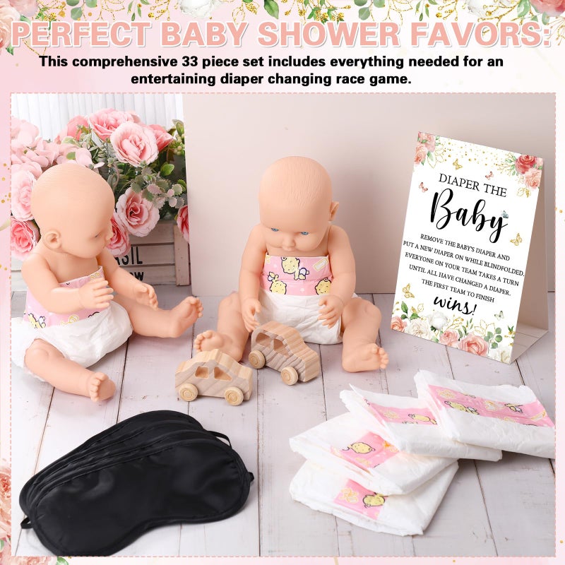 RoundFunny 33 Pcs Baby Shower Diaper Changing Game Supplies Including Dolls Blindfold Diapers Wooden Sign for Changing Race Gender Reveal Party Favors(Rose) - Image 5