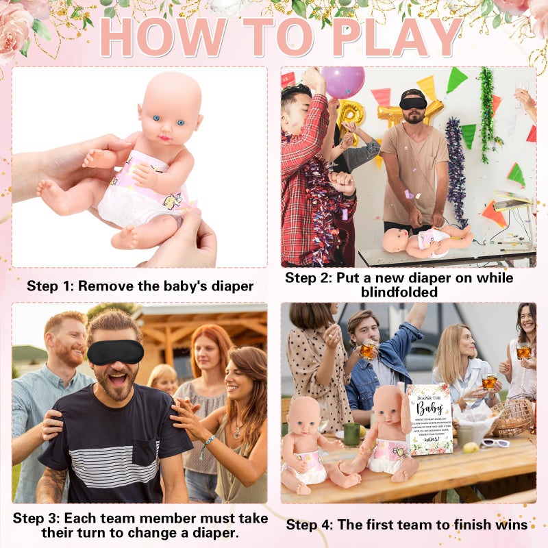 RoundFunny 33 Pcs Baby Shower Diaper Changing Game Supplies Including Dolls Blindfold Diapers Wooden Sign for Changing Race Gender Reveal Party Favors(Rose) - Image 4