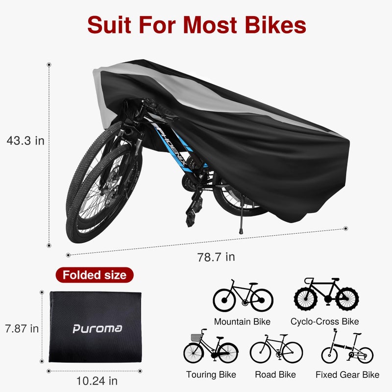 Puroma Bike Cover Outdoor Waterproof Bicycle Covers Rain Sun UV Dust Wind Proof with Lock Hole for Mountain Road Electric Bike, XL (Black & Silver) - Image 2
