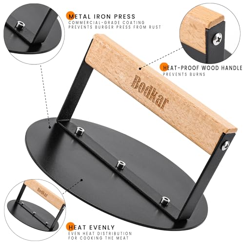 bodkar Smash Burger Press 6 inch, Round Burger Smasher Grill Press for Griddle Bacon Press Meat Steak Press with Wood Handle - Image 2