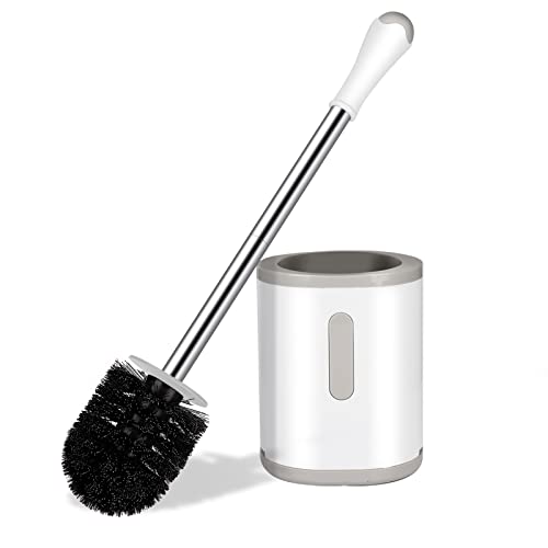 AONEZ Compact Toilet Brush & Holder, Stainless Steel Handle, Space Saving for Storage, Deep Cleaning, Drip-Proof, Easy to Assemble, Nylon Bristles, White & Grey - Image 1