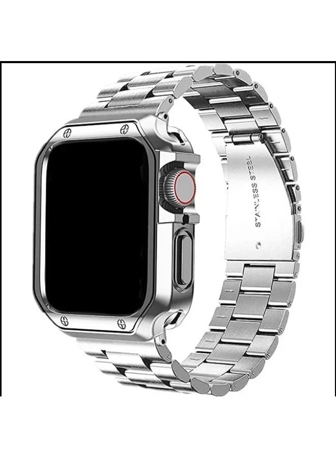 Stainless Steel Three Bead Apple Watch Band TPU Armor Protective Case Set Fashionable Metal Bracelet Compatible With Applewatch-Color:silver Silver Shell S10 46mm  - Image 2