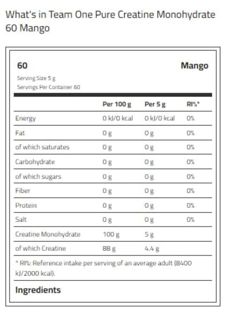 Team One Creatine Monohydrate Mango Vegan Powder 60 Servings - Image 2