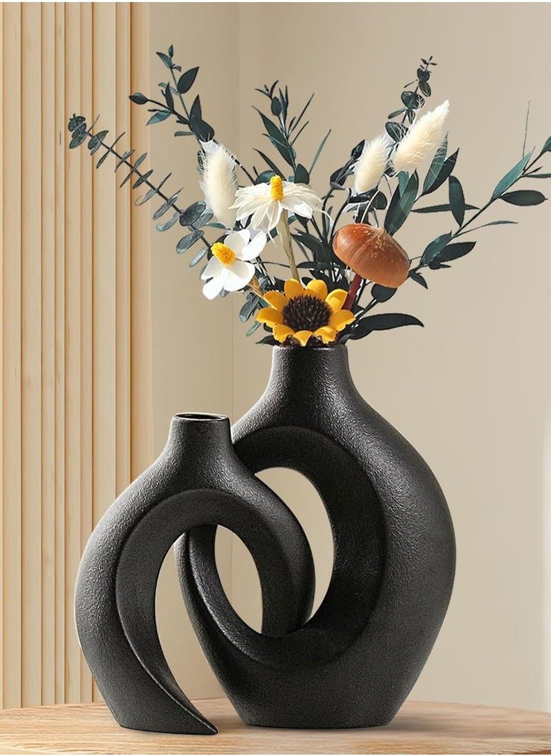 Generic Black Ceramic Vase Set of 2,Round Hollow Unique Modern Flower Vases for Home Decor,Boho Donut Style Vases for Nordic Minimalist Style Decor, Wedding Dining Living Room Entryway Table Decorative  - Image 2