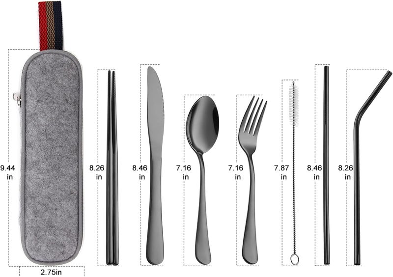 DEVICO Portable Utensils, Travel Camping Cutlery Set, 8-Piece including Knife Fork Spoon Chopsticks Cleaning Brush Straws Portable Case, Stainless Steel Flatware set (Black) - Image 2