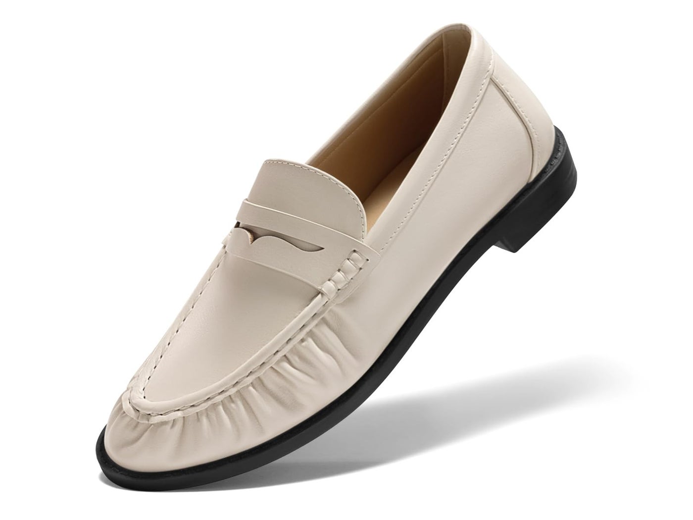 Coutgo Penny Loafers for Women Comfortable Slip on Shoes Collapsible Heel Closed Toe Dressy Casual Work Flats, Beige Pu, 8.5