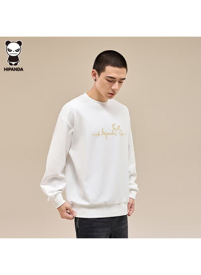 Hipanda Men's Sweatshirt, Autumn Fashion Fleece-lined Versatile American Retro Couple Style Round Neck Long Sleeve Top White M - Image 4