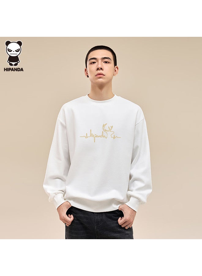 Hipanda Men's Sweatshirt, Autumn Fashion Fleece-lined Versatile American Retro Couple Style Round Neck Long Sleeve Top White M - Image 5