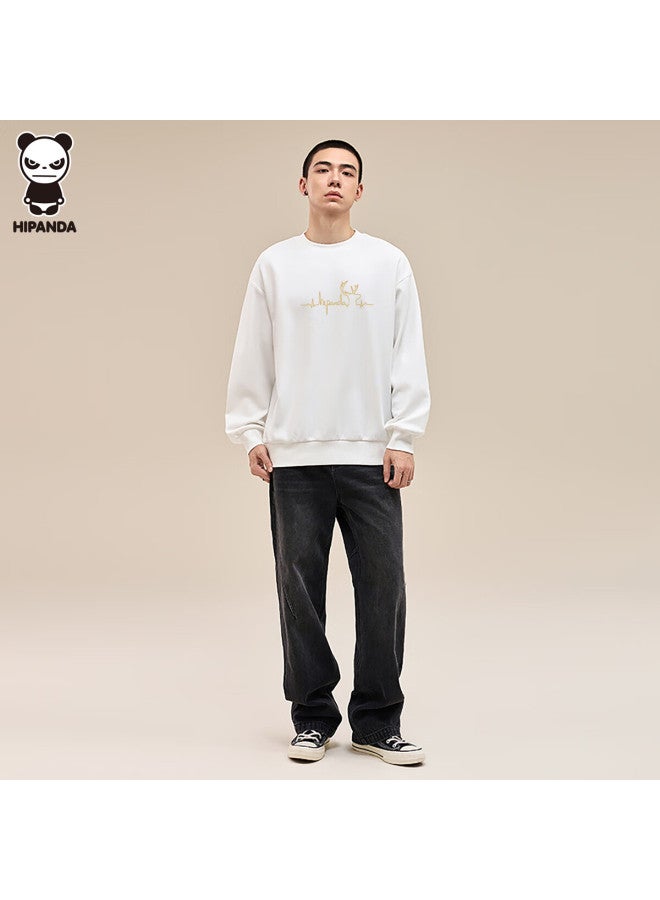 Hipanda Men's Sweatshirt, Autumn Fashion Fleece-lined Versatile American Retro Couple Style Round Neck Long Sleeve Top White M - Image 2