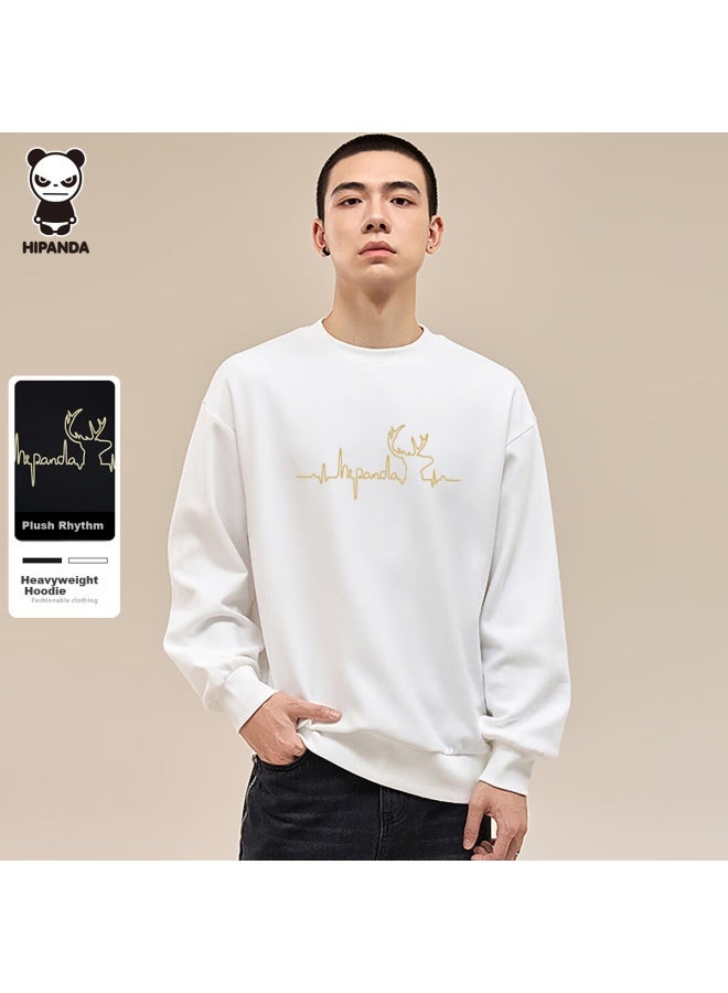 Hipanda Men's Sweatshirt, Autumn Fashion Fleece-lined Versatile American Retro Couple Style Round Neck Long Sleeve Top White M - Image 1