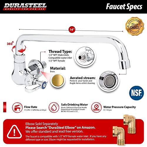 DuraSteel Wall Mounted Commercial Kitchen Wok Range Faucet with 14-Inch Swivel Spout - Single Hole Body & Handle - Brass Constructed & Chrome Polished - Image 5