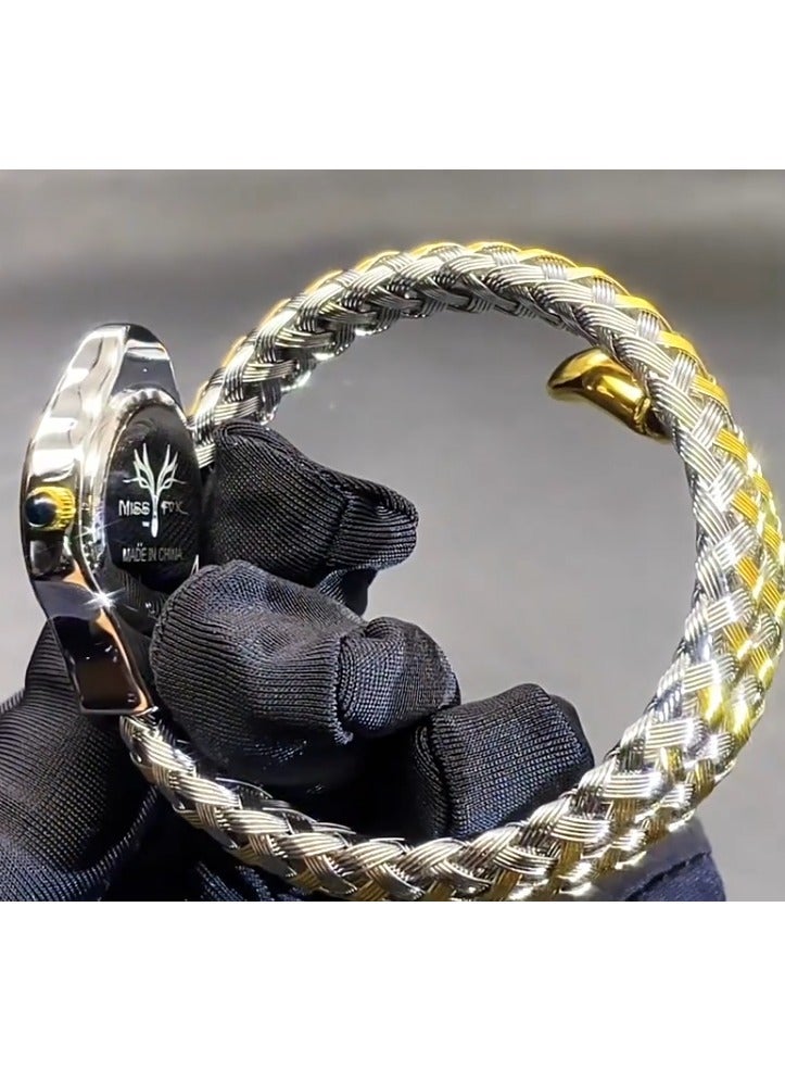 مس_فوكس ساعة نسائية أنيقة بتصميم سوار شبكي على شكل ثعبان، كوارتز مقاومة للماء، بتصميم عصري - Image 5