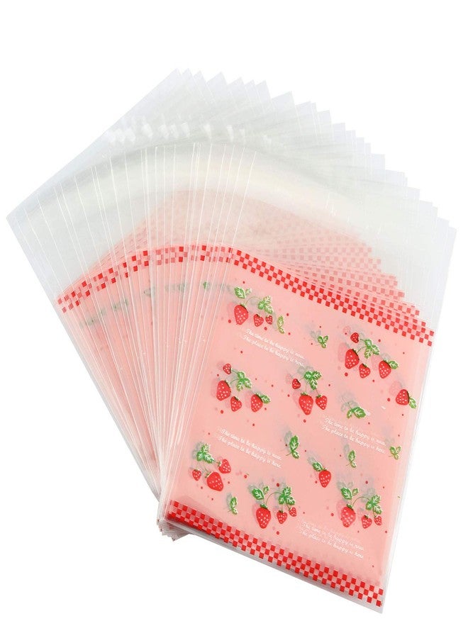 Tegg Cookies Bags 200PCS Self Adhesive Lovely Strawberry Plastic Cookies Pastries Candy Lolly Gift Bag For Birthday Party Wedding Party Halloween Christmas Day 3.9x3.9Inch - Image 1