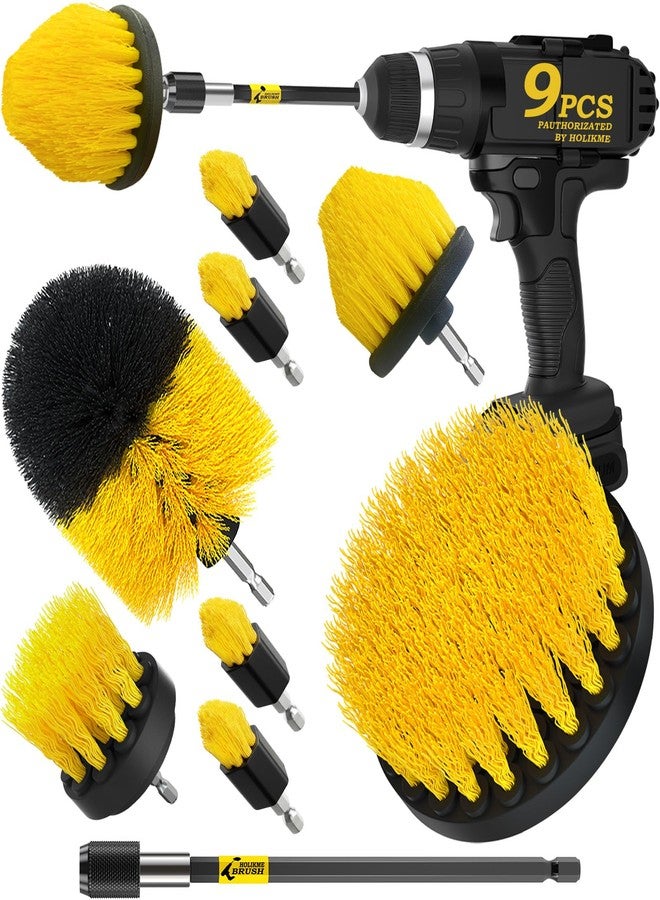 Holikme 9Pack Drill Brush ，All Purpose Drill Brush with Extend Attachment for Bathroom Surfaces, Grout, Floor, Tub, Shower, Tile, Kitchen and Car，Corner,Masonry Brushes，Yellow - Image 1