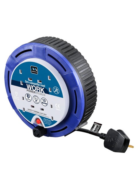 Masterplug SCT0510/4BL-MP Four Socket Cassette Reel Extension Lead, 5 Metres, Blue