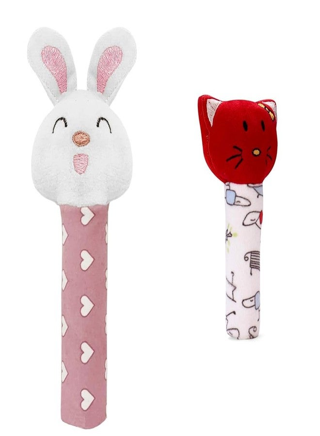 Pikipo Baby Soft Toy Combo (2-in-1): Bunny & Kitty Rattles: Squeeze Handle for Squeaky Sound (Pink, Red)