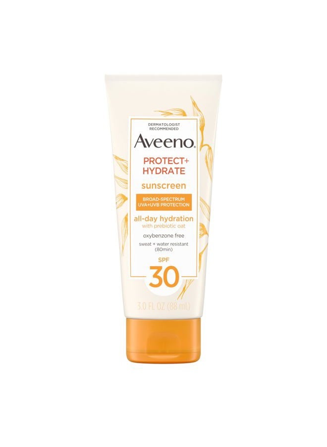 Aveeno لوسيون واقي من الشمس مرطب + حماية مع SPF 30 واسع الطيف و الشوفان البروبيوتيك، واقي شمس خفيف الوزن ومقاوم للعرق والماء، خالي من الأوكسي بنزون، 3.0 أونصة سائلة - Image 1