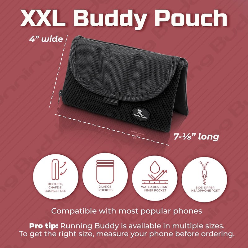 حقيبة Running Buddy Magnetic Buddy Pouch: جيوب مغناطيسية للهواتف المحمولة وiPhone وغيرها من المعدات - حقيبة خصر بدون حزام للجري والسفر والمشي لمسافات طويلة وركوب الدراجات (أسود، مقاس XXL (7 بوصة × 4 بوصة))