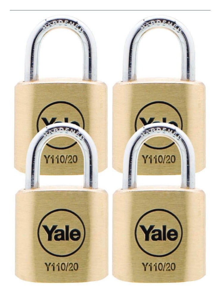Yale Y110/20/111/4 Standard Security 20mm Brass Padlock, Pack of 4 - Open Steel Shackle - 3 keyed Alike Keys  - Image 1