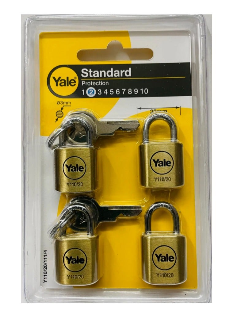 Yale Y110/20/111/4 Standard Security 20mm Brass Padlock, Pack of 4 - Open Steel Shackle - 3 keyed Alike Keys  - Image 4