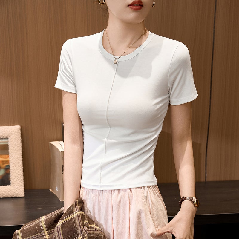 Tencel Ribbed Lyocell Cotton Zhen Quality Top Line Design T-Shirt Women's Short-Sleeved Tight Inner Base Top - Image 1