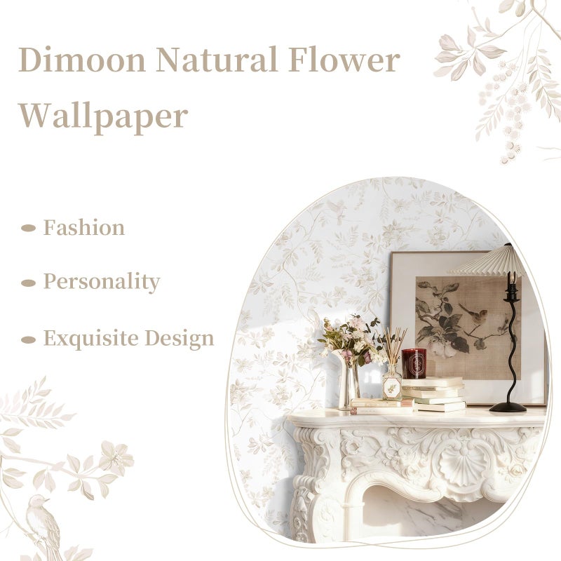 Dimoon 17.3''x78.7'' Boho Peel and Stick Wallpaper Floral Beige Neutral Contact Paper White Bird Wallpaper Removable Yellow Renter Friendly Waterproof Embossed Kitchen Bedroom Bathroom Vinyl Roll - Image 2