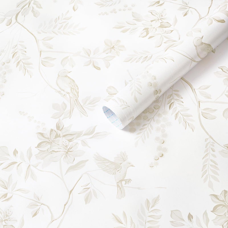 Dimoon 17.3''x78.7'' Boho Peel and Stick Wallpaper Floral Beige Neutral Contact Paper White Bird Wallpaper Removable Yellow Renter Friendly Waterproof Embossed Kitchen Bedroom Bathroom Vinyl Roll - Image 1