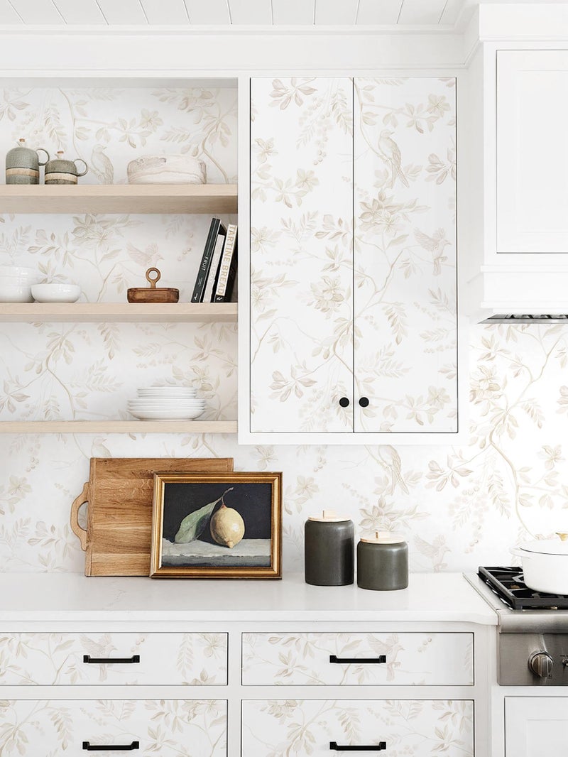 Dimoon 17.3''x78.7'' Boho Peel and Stick Wallpaper Floral Beige Neutral Contact Paper White Bird Wallpaper Removable Yellow Renter Friendly Waterproof Embossed Kitchen Bedroom Bathroom Vinyl Roll - Image 4