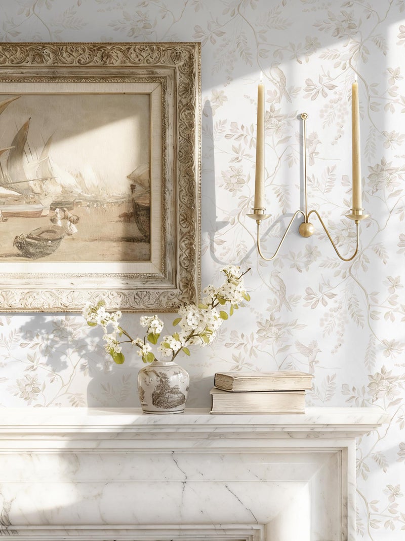 Dimoon 17.3''x78.7'' Boho Peel and Stick Wallpaper Floral Beige Neutral Contact Paper White Bird Wallpaper Removable Yellow Renter Friendly Waterproof Embossed Kitchen Bedroom Bathroom Vinyl Roll - Image 3