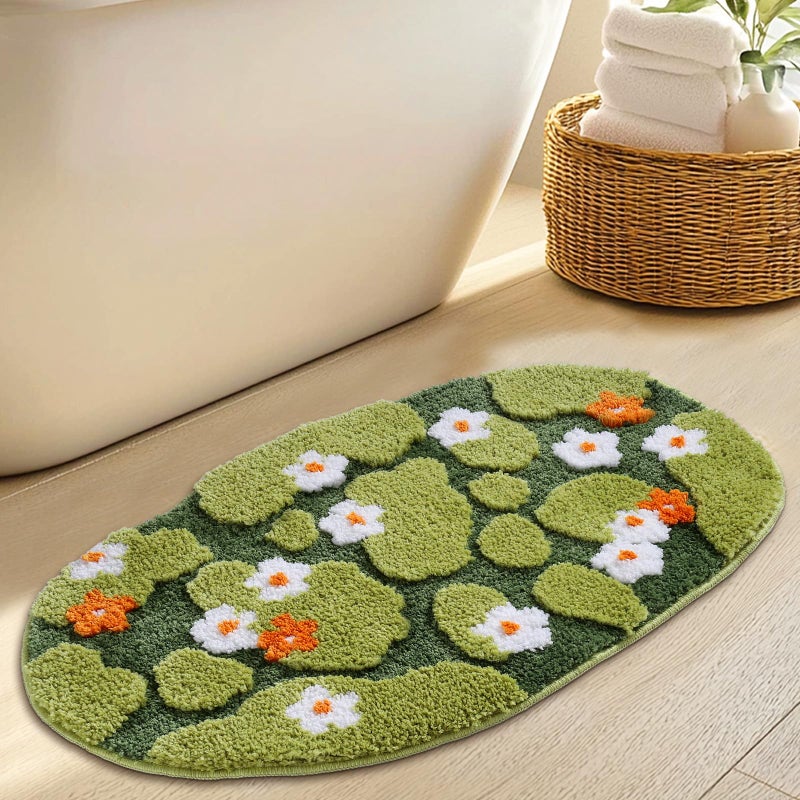 Naoloture Green Floral Moss Bathroom Rug Bath Mat, Ultra Thick Soft 3D Aesthetic Decor Cute Tufted Bath Rugs, Non Slip Absorbent Washable Moss Carpet for Shower Floor Sink Bedroom, 20x32 Inch - Image 1