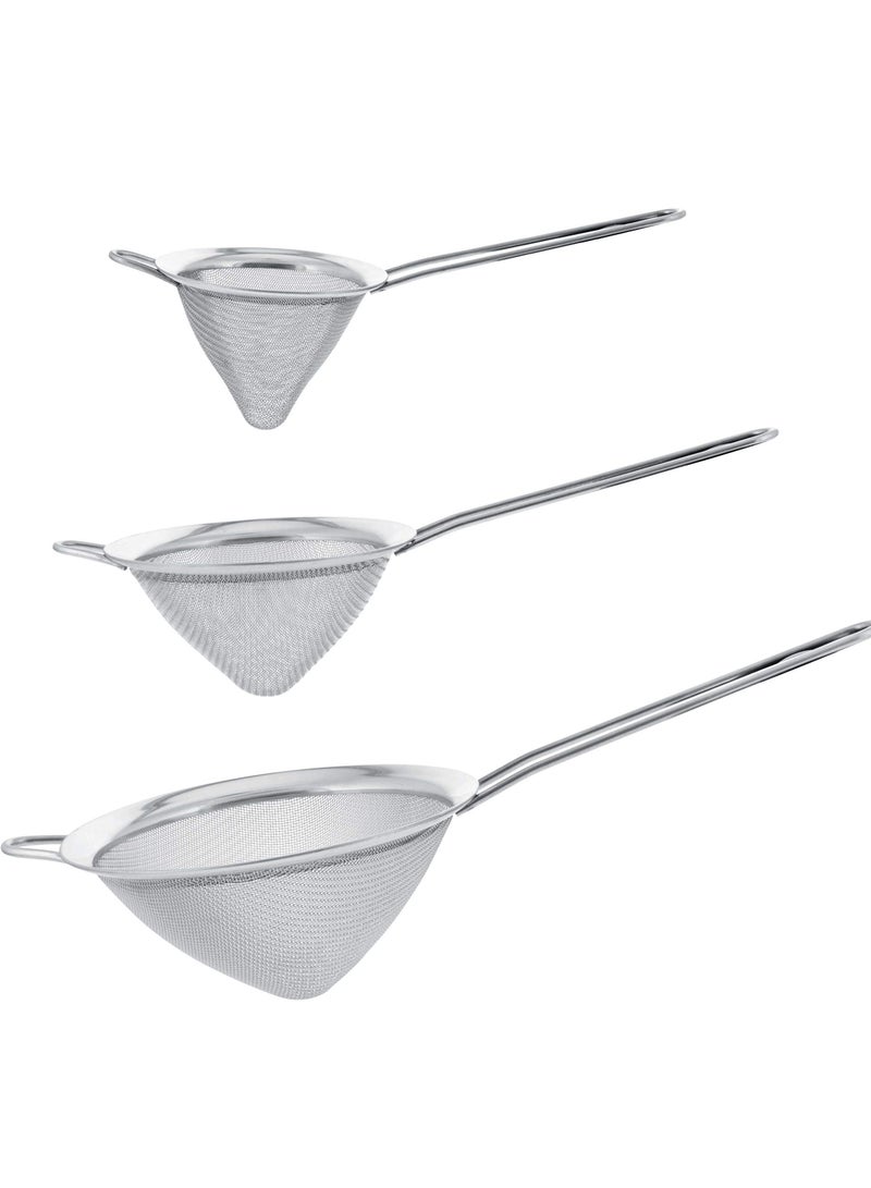 SYOSI Stainless Steel Strainer Skimmer Ladle Set of 3 Premium Quality Extra Fine Twill Mesh Stainless Steel Conical Strainers to Sift Strain Drain and Rinse Vegetables Pastas and Teas - Image 1