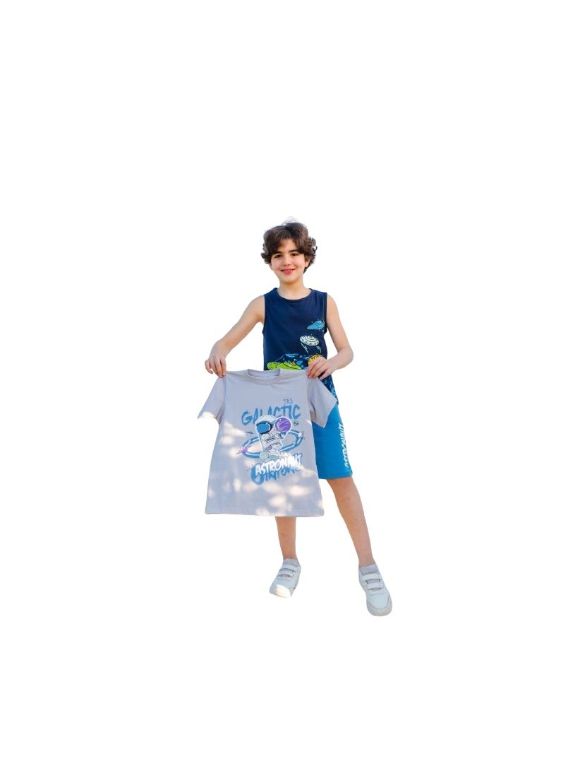 Boys' set of 3 pieces: gray T-shirt, blue T-shirt and sky shorts  - Image 1