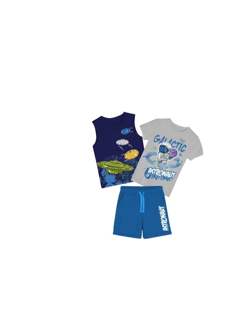 Boys' set of 3 pieces: gray T-shirt, blue T-shirt and sky shorts  - Image 2