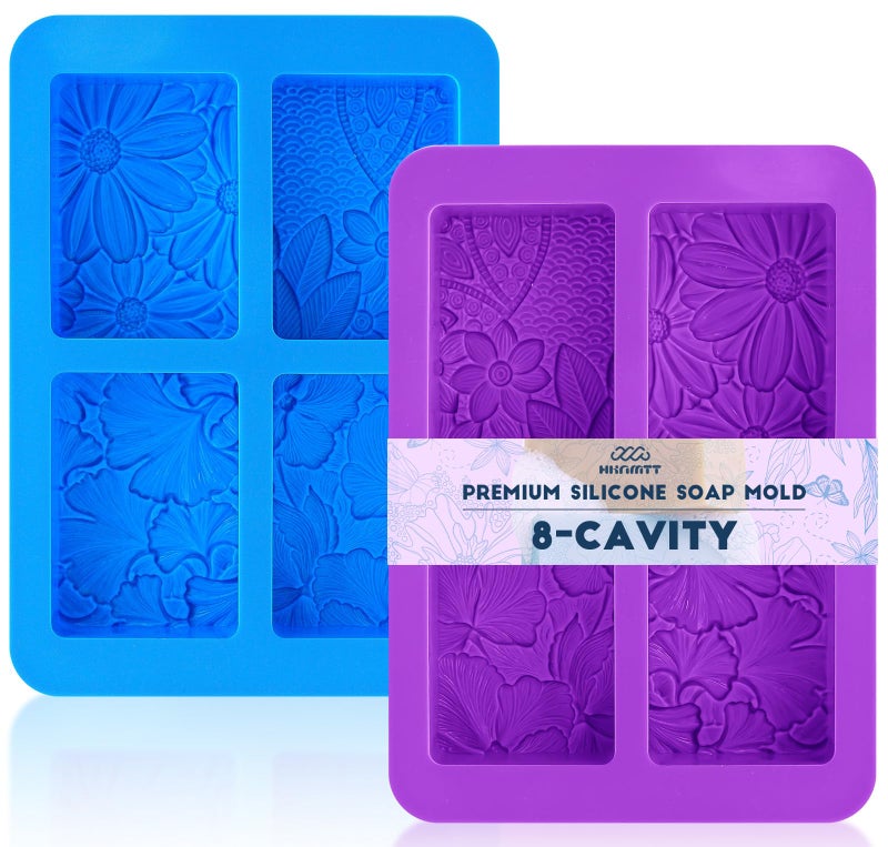 HKNMTT Silicone Square Rectangle Bar Molds Leaf Flower Pattern, 8 Cavities for Candy Soap Making Shower Steamer Homemade Bath Lotion Shampoo Bar DIY Set Non-stick Craft Food Grade 2 Pack - Image 1