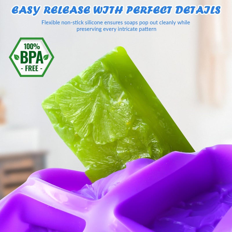 HKNMTT Silicone Square Rectangle Bar Molds Leaf Flower Pattern, 8 Cavities for Candy Soap Making Shower Steamer Homemade Bath Lotion Shampoo Bar DIY Set Non-stick Craft Food Grade 2 Pack - Image 4