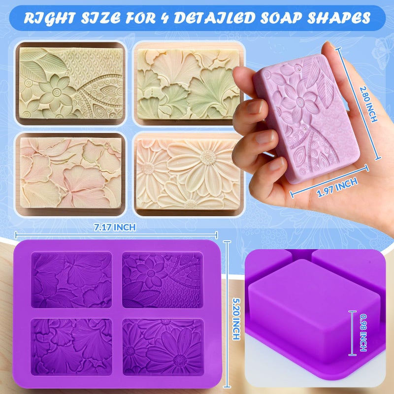 HKNMTT Silicone Square Rectangle Bar Molds Leaf Flower Pattern, 8 Cavities for Candy Soap Making Shower Steamer Homemade Bath Lotion Shampoo Bar DIY Set Non-stick Craft Food Grade 2 Pack - Image 3
