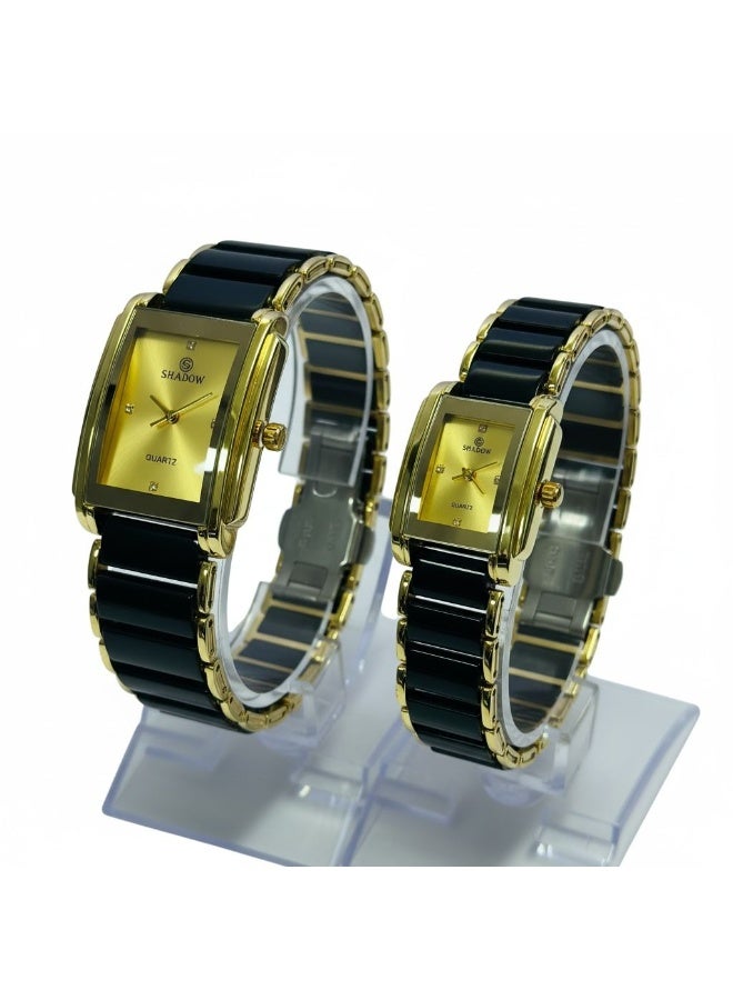 SHADOW Prestige Duo SD0878 Couple Watch Set Gold Dial Black Strap Quartz Luxury Watches for Men and Women - Image 3