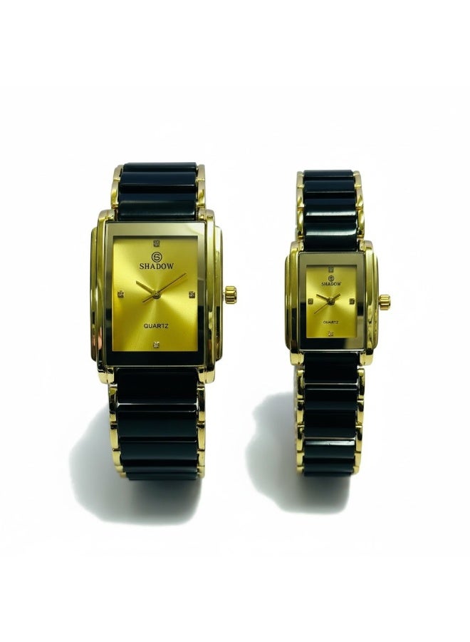 SHADOW Prestige Duo SD0878 Couple Watch Set Gold Dial Black Strap Quartz Luxury Watches for Men and Women - Image 2