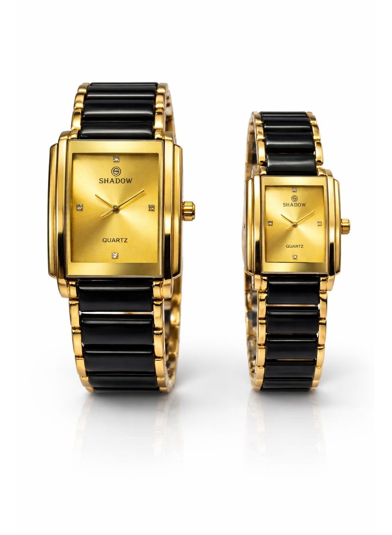 SHADOW Prestige Duo SD0878 Couple Watch Set Gold Dial Black Strap Quartz Luxury Watches for Men and Women - Image 1
