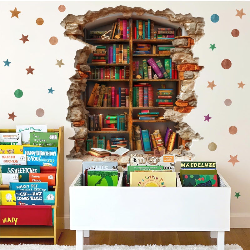 kokolap Large Vintage Book Wall Stickers 3D Broken Wall Decals Peel and Stick Reading Room Art Murals Read Signs Vinyl Decal Bookshelf Art Decorations DIY Walls Sticker for School Library Classroom Home Decor - Image 4