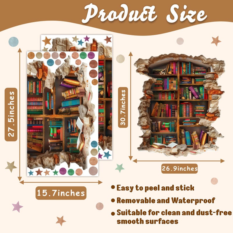 kokolap Large Vintage Book Wall Stickers 3D Broken Wall Decals Peel and Stick Reading Room Art Murals Read Signs Vinyl Decal Bookshelf Art Decorations DIY Walls Sticker for School Library Classroom Home Decor - Image 2
