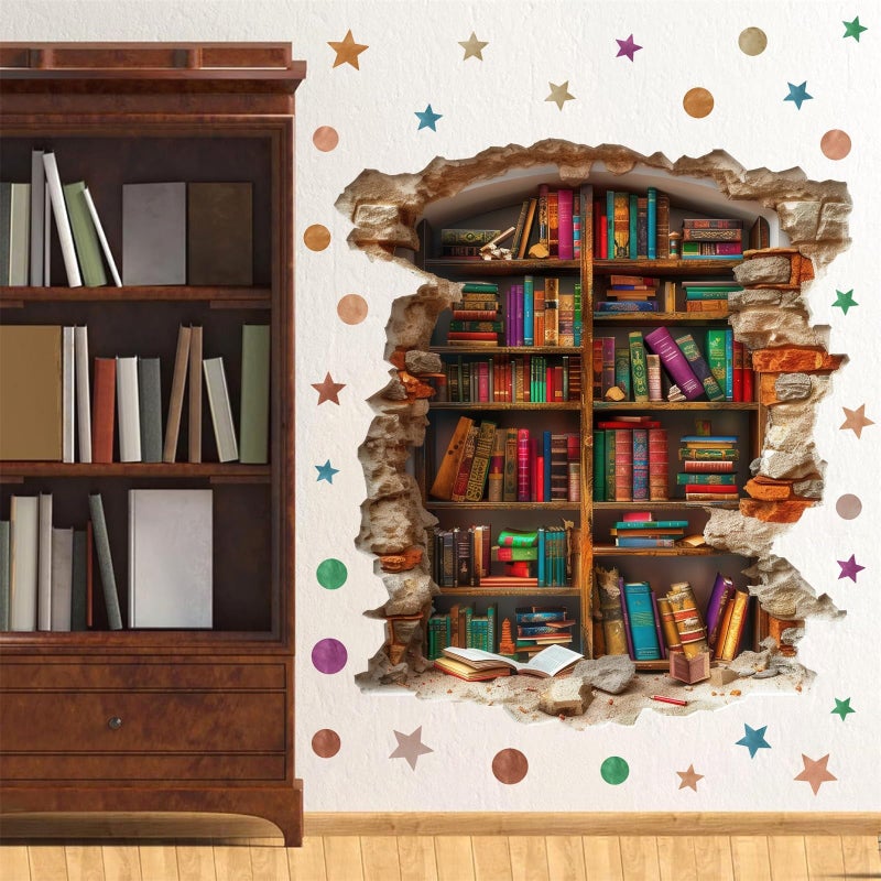 kokolap Large Vintage Book Wall Stickers 3D Broken Wall Decals Peel and Stick Reading Room Art Murals Read Signs Vinyl Decal Bookshelf Art Decorations DIY Walls Sticker for School Library Classroom Home Decor - Image 1