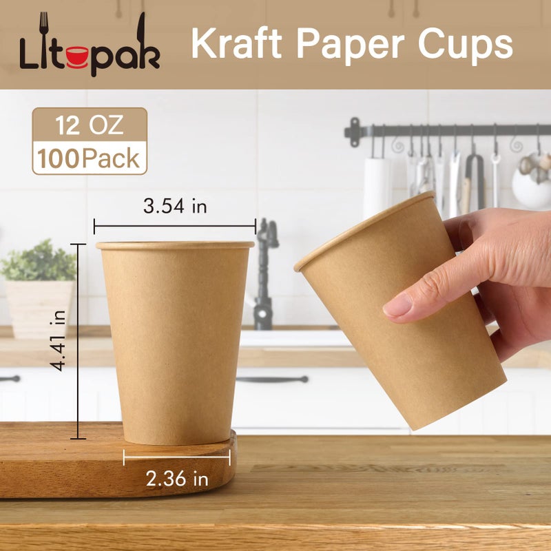 LITOPAK 100 Pack 12 oz Kraft Paper Cups  Disposable Coffee Cups  Disposable Drinking Cups  Hot Coffee Cups  Paper Coffee Cups for Water  Coffee  Juice  and Milk - Image 2