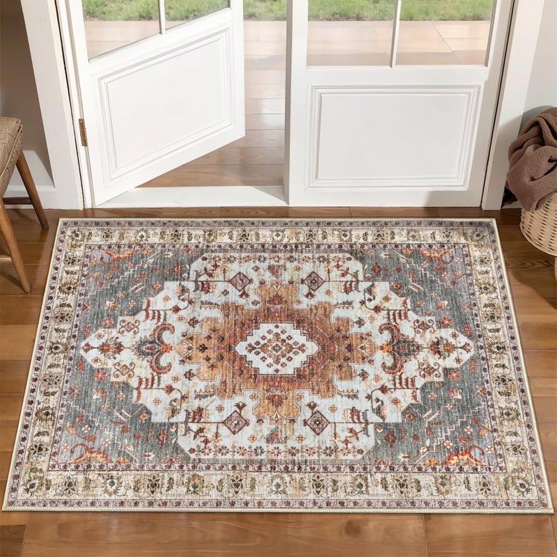 Tangsoo Vintage Rug 2x3 Washable for Entryway, Non Slip Small Area Rug, Indoor Front Door, Print Distressed Turmeric Door Mat Carpet, Soft Low Pile Rugs for Entrance Kitchen Bedroom Bathroom - Image 1