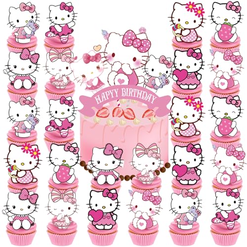 Jlemon 25pcs Cupcake Toppers with 1 Happy Birthday Cake Topper Cute Anime Hello Pink Cat Themed Party Supplies Perfect for Birthday Party Decorations Style A - Image 1